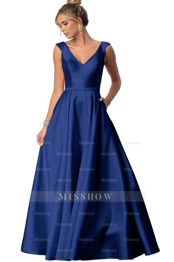 Straps V Neck Sleeveless Long Formal Dress With Pockets Pleated