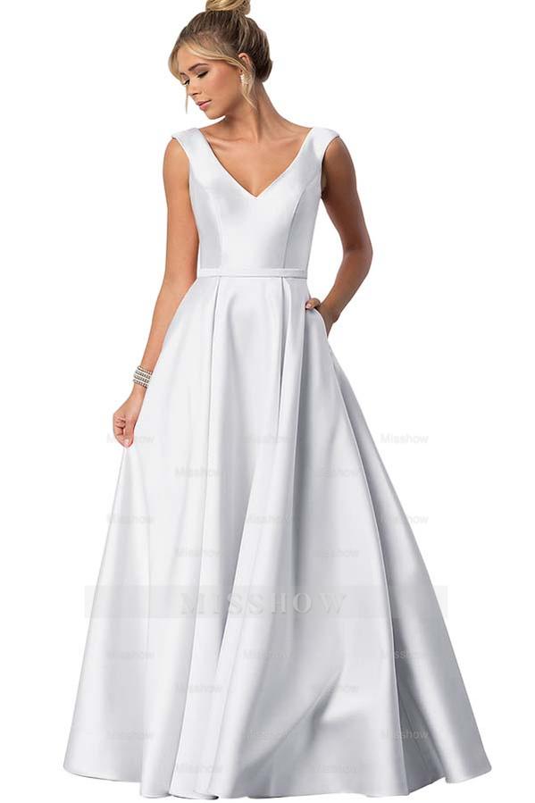 Straps V Neck Sleeveless Long Formal Dress With Pockets Pleated