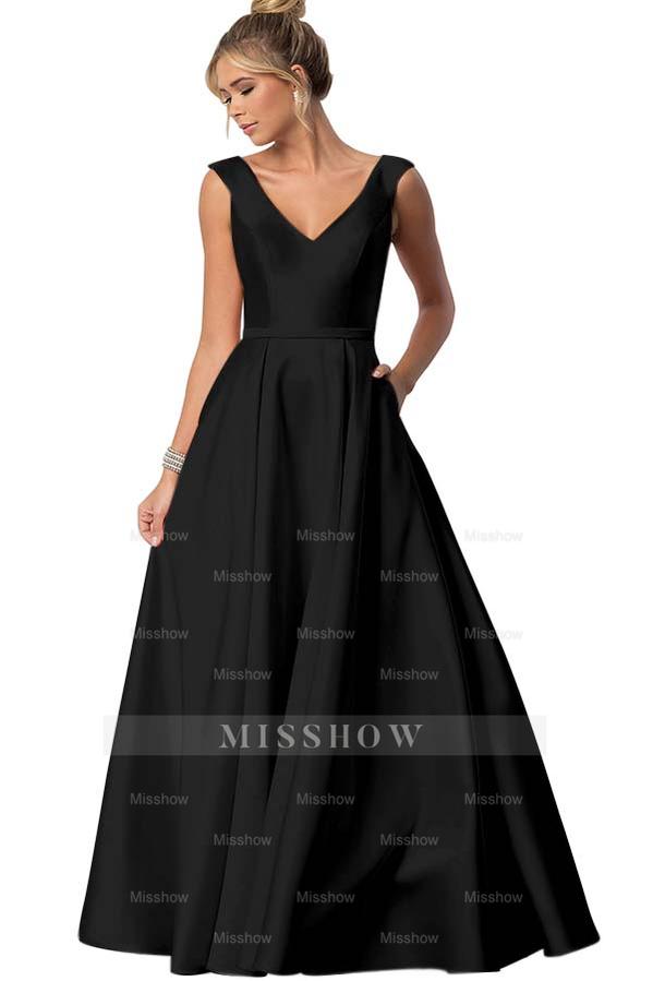 Straps V Neck Sleeveless Long Formal Dress With Pockets Pleated