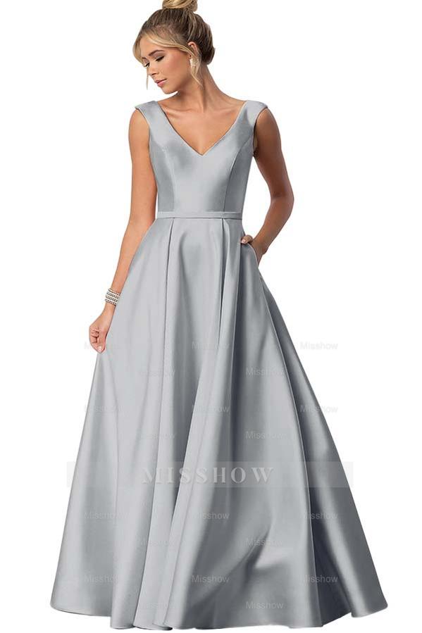 Straps V Neck Sleeveless Long Formal Dress With Pockets Pleated