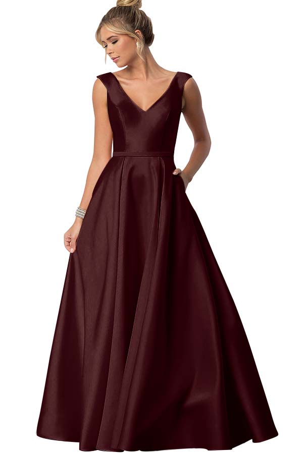 Straps V Neck Sleeveless Long Formal Dress With Pockets Pleated