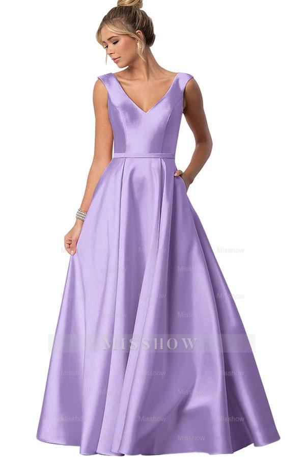 Straps V Neck Sleeveless Long Formal Dress With Pockets Pleated