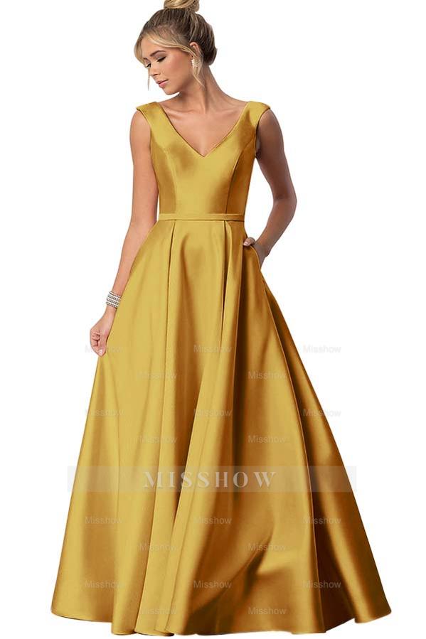 Straps V Neck Sleeveless Long Formal Dress With Pockets Pleated