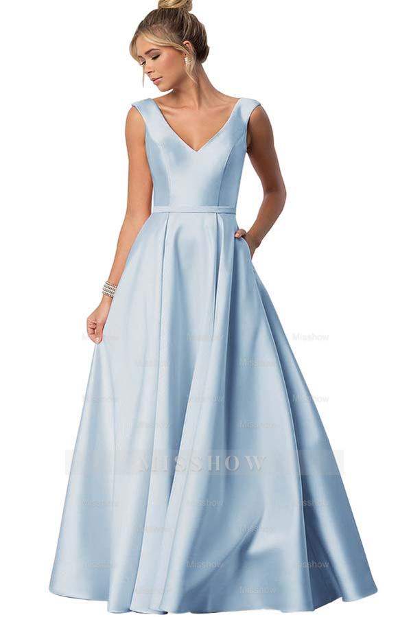 Straps V Neck Sleeveless Long Formal Dress With Pockets Pleated