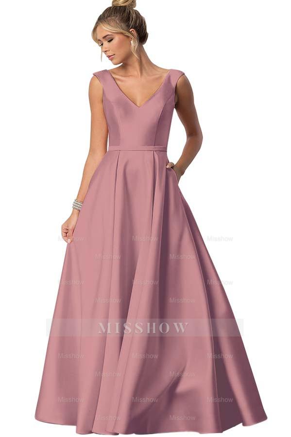 Straps V Neck Sleeveless Long Formal Dress With Pockets Pleated