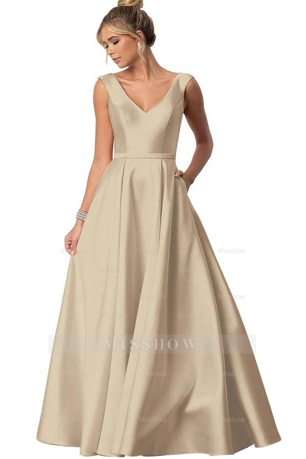 Straps V Neck Sleeveless Long Formal Dress With Pockets Pleated