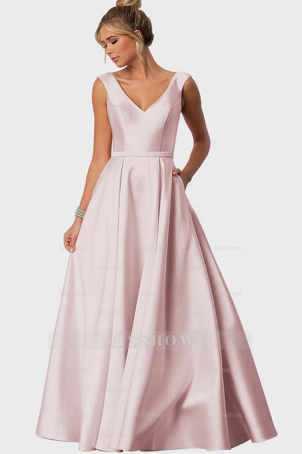 Straps V Neck Sleeveless Long Formal Dress With Pockets Pleated