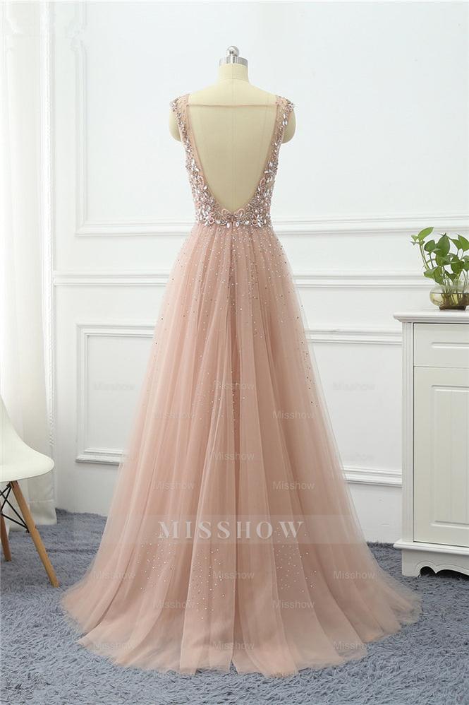 Straps V Neck Sleeveless Tulle A Line Formal Dress Long With Beading