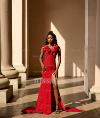 Striking Long Red V-Neck Sleeveless Mermaid Beaded Prom Dress with Slit and Detachable Train