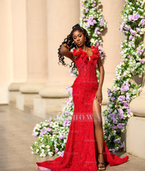 Striking Long Red V-Neck Sleeveless Mermaid Beaded Prom Dress with Slit and Detachable Train