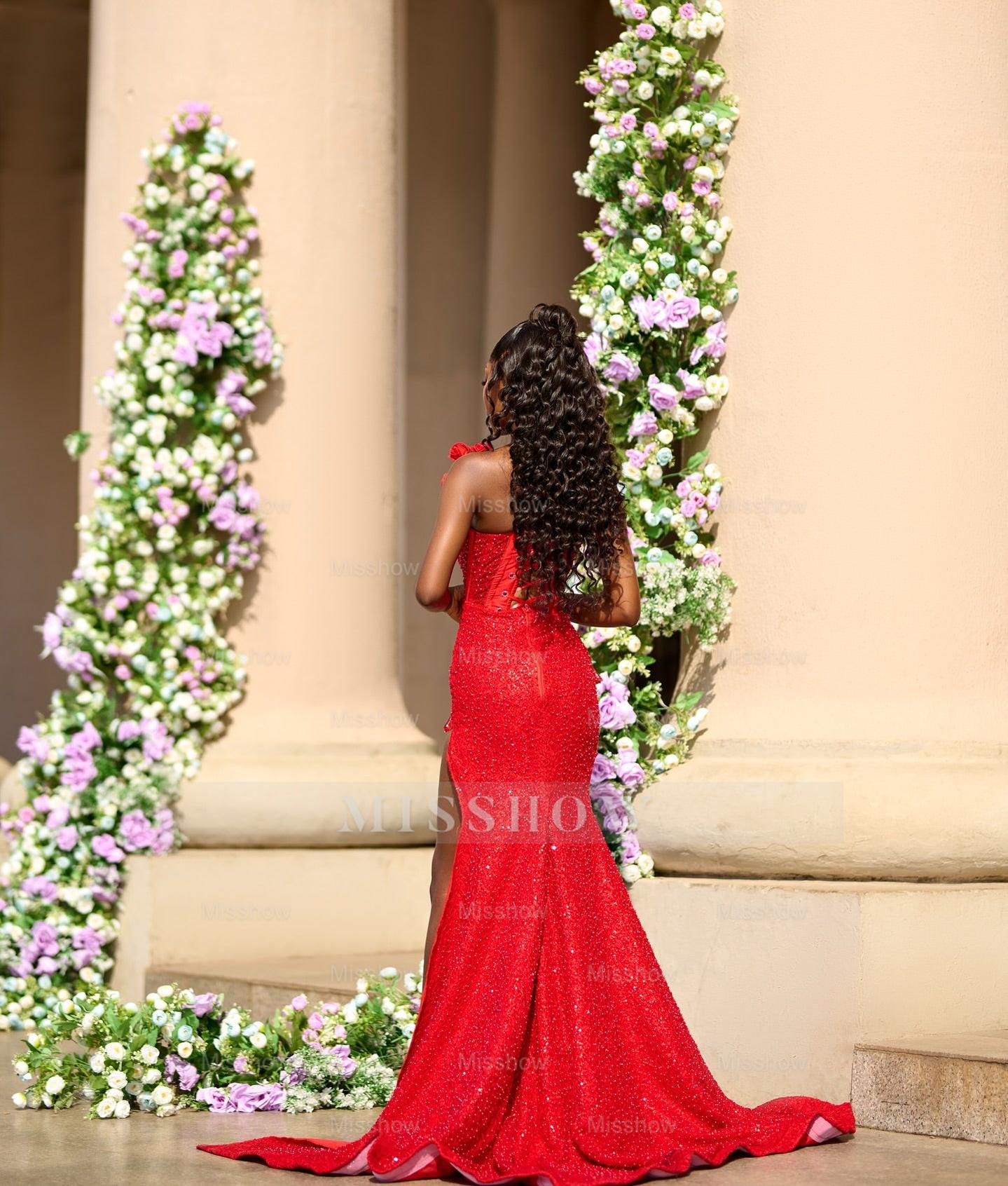 red dress with detachable train Glamorous red long sleeve dresses