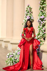 Striking Long Red V-Neck Sleeveless Mermaid Beaded Prom Dress with Slit and Detachable Train