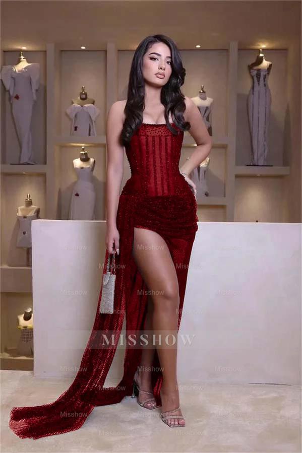 Stunning Black Strapless Sleeveless Mermaid Long Split Formal Dress With Beading