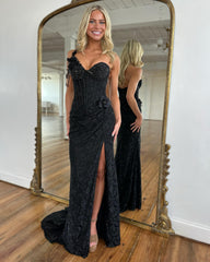 Stunning Black Sweetheart One Shoulder Beaded Column Prom Dress with Slit