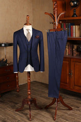 Stunning Blue Striped Three Pieces Slim Fit Formal Men’s Suit