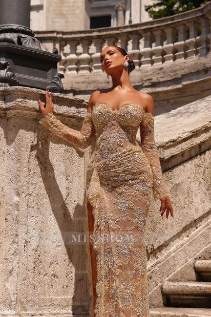 Stunning Champagne Mermaid Sweetheart Off-The-Shoulder Lace Beaded Long Sleeves Split Front Prom Dresses With Ruffles Stunning Champagne Mermaid Sweetheart Off-The-Shoulder Lace Beaded Long Sleeves Split Front Prom Dresses With Ruffles