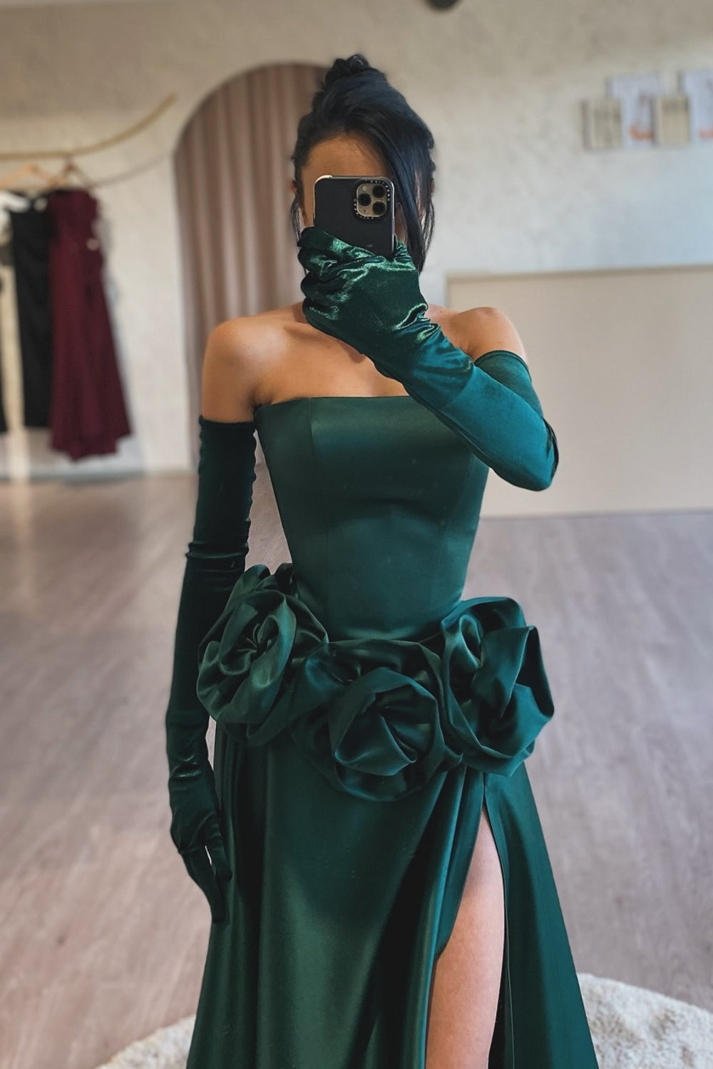Stunning Dark Green Strapless A-Line Sleeveless Split Front Long Ruffles Satin Evening Dresses
