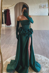 Stunning Dark Green Strapless A-Line Sleeveless Split Front Long Ruffles Satin Evening Dresses