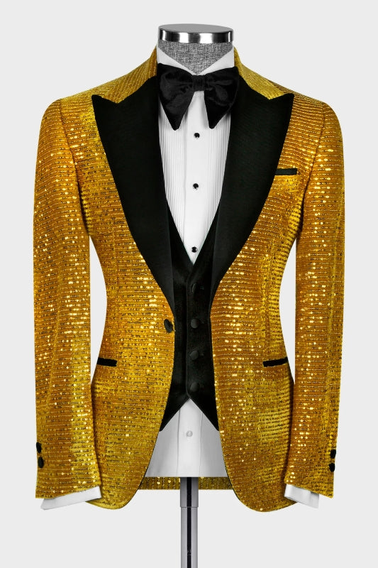 Stunning Gold Peaked Lapel Three-Piece Sequined Prom Suit