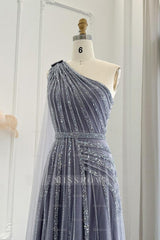 Stunning Gray One Shoulder A Line Formal Dress Appliques With Beading