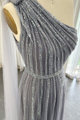 Stunning Gray One Shoulder A Line Formal Dress Appliques With Beading