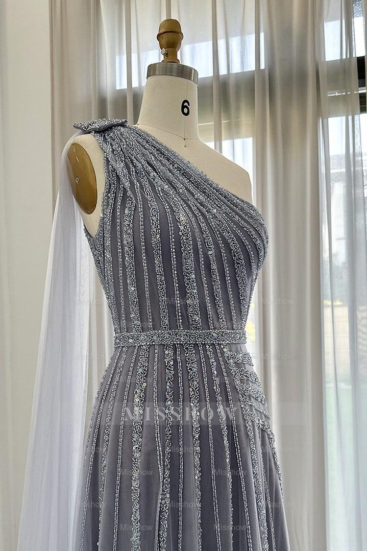 Stunning Gray One Shoulder A Line Formal Dress Appliques With Beading