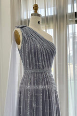 Stunning Gray One Shoulder A Line Formal Dress Appliques With Beading