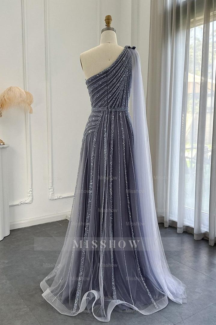 Stunning Gray One Shoulder A Line Formal Dress Appliques With Beading