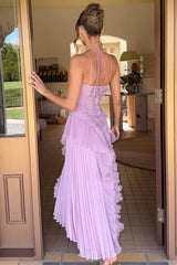 Stunning Halter Sleeveless Long Formal Dress With Pleated Ruffles