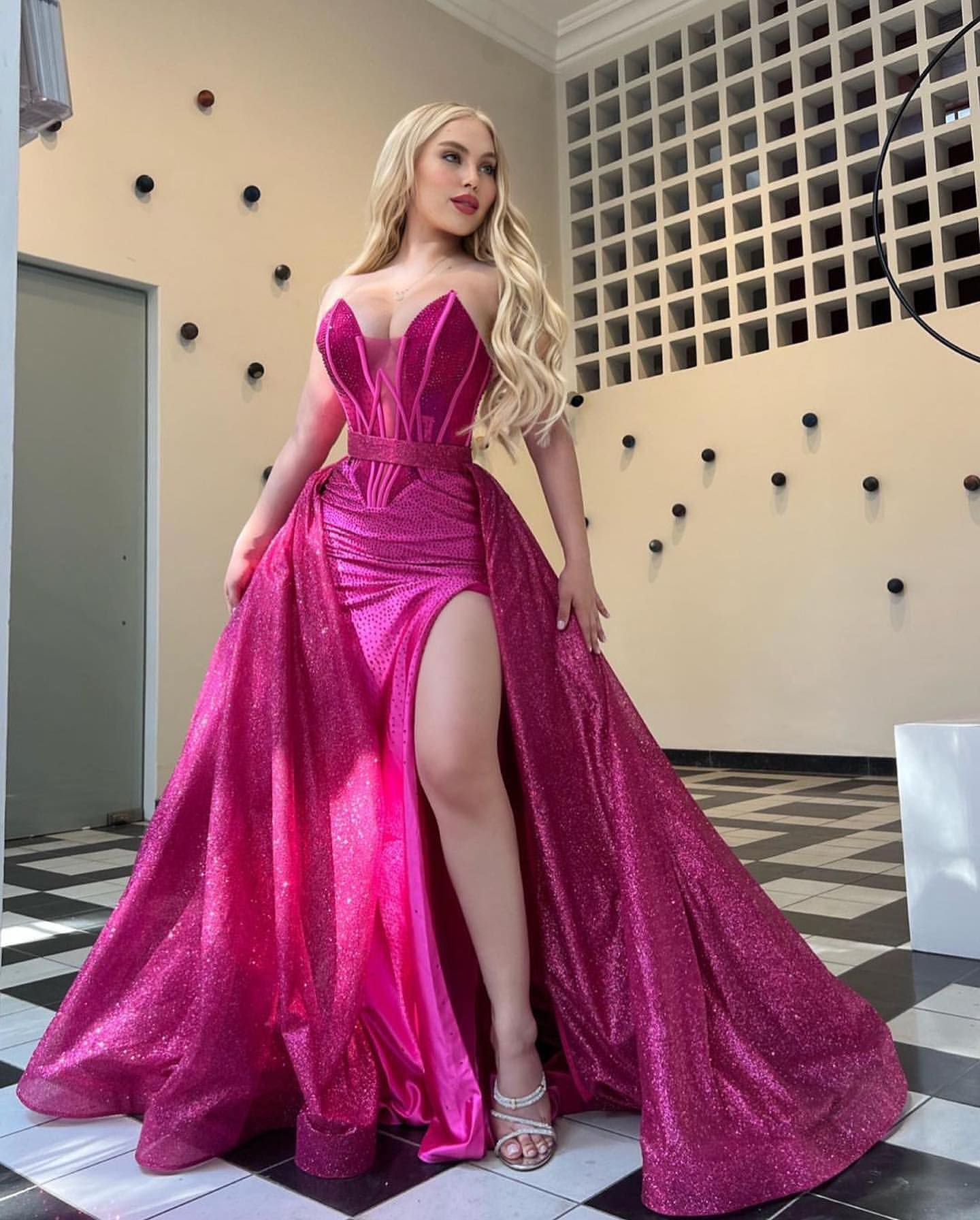 Stunning Hot Pink Sweetheart Sleeveless Split Sequins Formal Dress With Ruffles