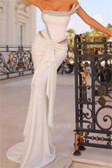 Stunning Ivory Strapless Sleeveless Pleated Mermaid Formal Dress With Beadings