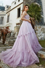 Stunning Lilac A-Line Spaghetti V-Neck Sleeveless Beaded Long Tulle Evening Dress With Appliques