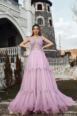 Stunning Lilac A-Line Spaghetti V-Neck Sleeveless Beaded Long Tulle Evening Dress With Appliques
