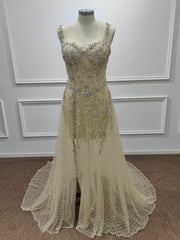 Stunning Long A-line Sequined Beading Sleeveless Prom Evening Dresses with Slit