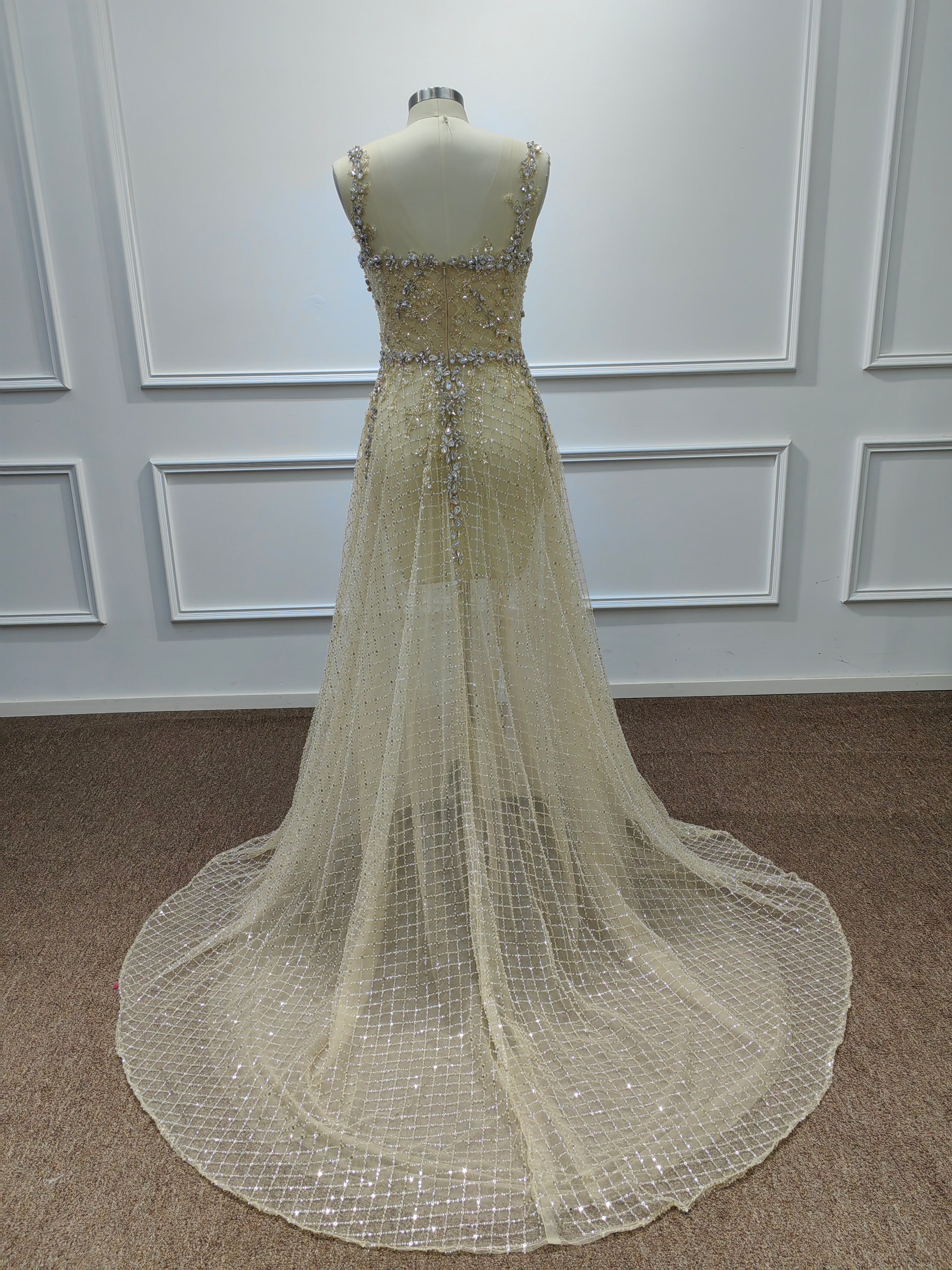 Stunning Long A-line Sequined Beading Sleeveless Prom Evening Dresses with Slit