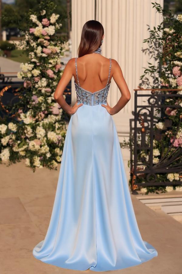 Stunning Long Blue V-neck Lace Beading Mermaid Prom Evening Dresses with Long Sleeves