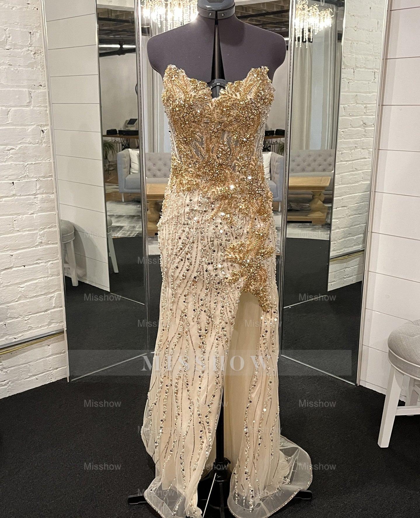 Gold strapless split-front mermaid prom dress