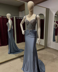 Stunning Long Dusty Blue Mermaid Spaghetti Straps Satin Rhinestones Prom Evening Dresses