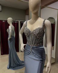 Stunning Long Dusty Blue Mermaid Spaghetti Straps Satin Rhinestones Prom Evening Dresses