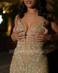 Gold v-neck split-front mermaid prom dress