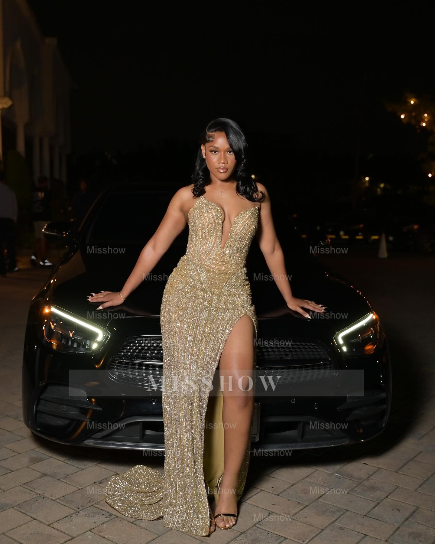 Gold v-neck split-front mermaid prom dress