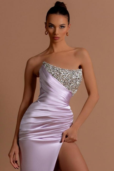 Stunning Long Lilac Column Strapless Sequined Beading Prom Evening Dresses with Slit