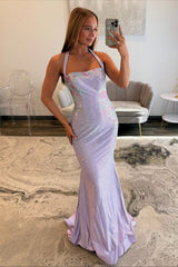 Stunning Long Lilac Halter Mermaid Corset Prom Dress