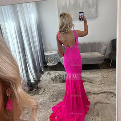Stunning Long Mermaid Fuchsia V-neck Sleeveless Glitter Prom Dress with Slit