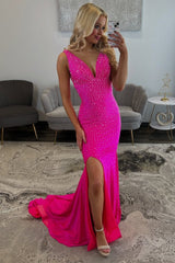 Stunning Long Mermaid Fuchsia V-neck Sleeveless Glitter Prom Dress with Slit