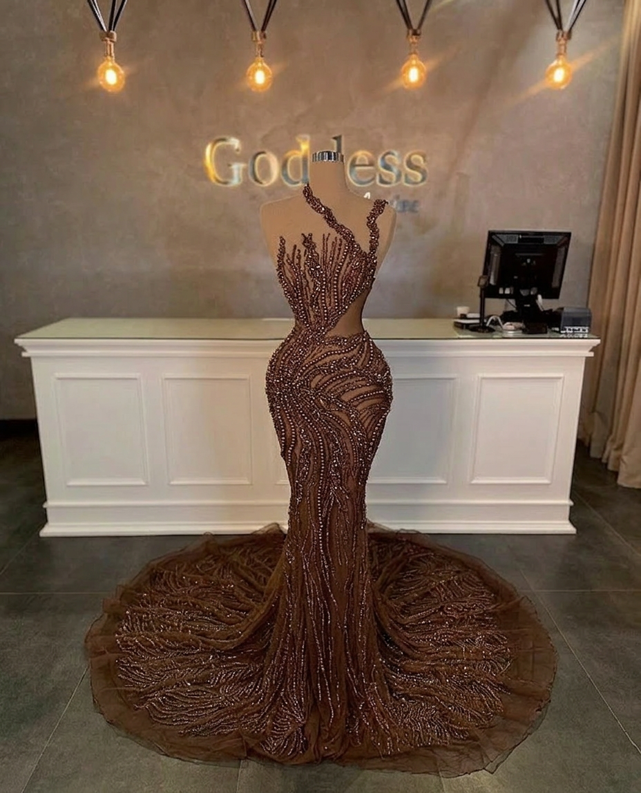 Stunning Long Mermaid One Shoulder Beading Sequined Sleeveless Prom Dress