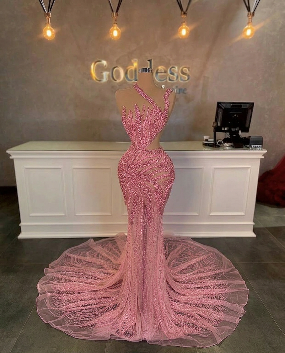 Stunning Long Mermaid One Shoulder Beading Sequined Sleeveless Prom Dress