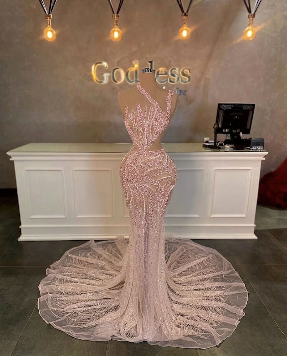 Stunning Long Mermaid One Shoulder Beading Sequined Sleeveless Prom Dress