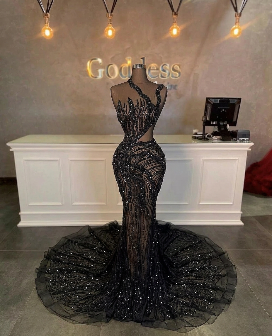 Stunning Long Mermaid One Shoulder Beading Sequined Sleeveless Prom Dress