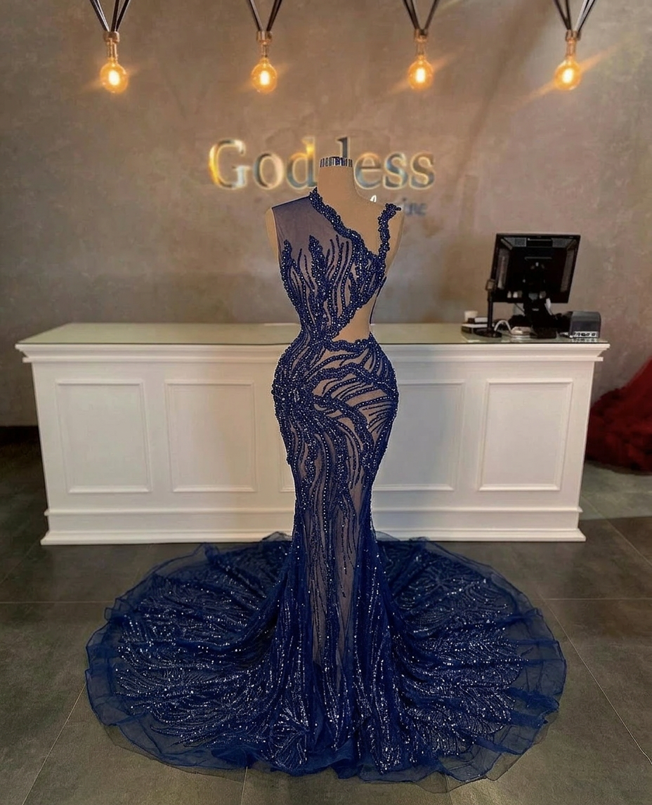 Stunning Long Mermaid One Shoulder Beading Sequined Sleeveless Prom Dress